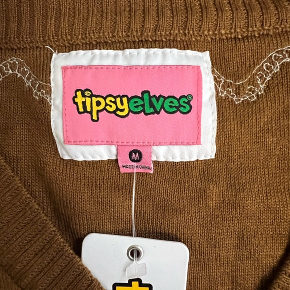 Tipsy Elves Brown V-Neck Sweater with Red and Green Accents - Picture 4 of 9